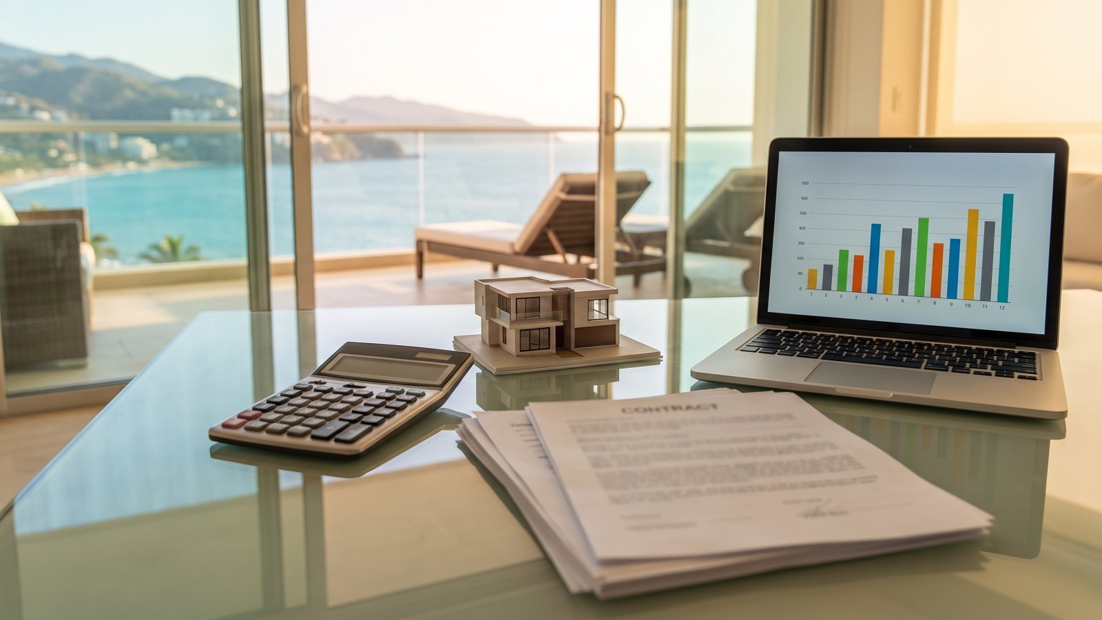 Calculadora, contrato y maqueta de casa sobre escritorio con vista al mar